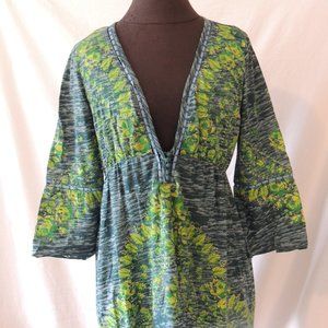 *SOLD* Free People Sz Medium Tunic Blue Green V Neck Uneven Hemline